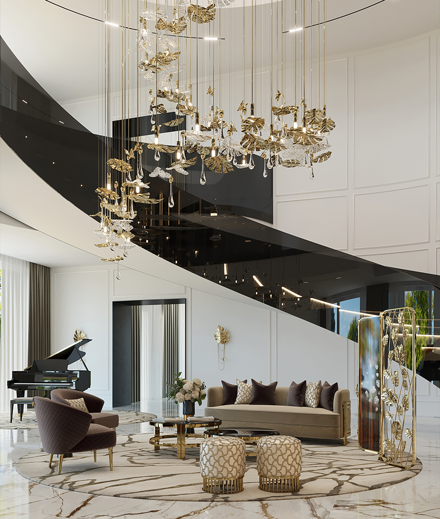 /storage/Luxury brass Rainforest divider with ebony wood veneer and handcrafted brass leaves, a sculptural room separator blending nature-inspired design with modern elegance.