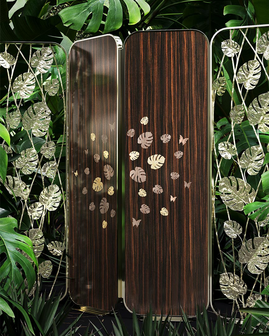 /storage/Luxury brass Rainforest divider with ebony wood veneer and handcrafted brass leaves, a sculptural room separator blending nature-inspired design with modern elegance.
