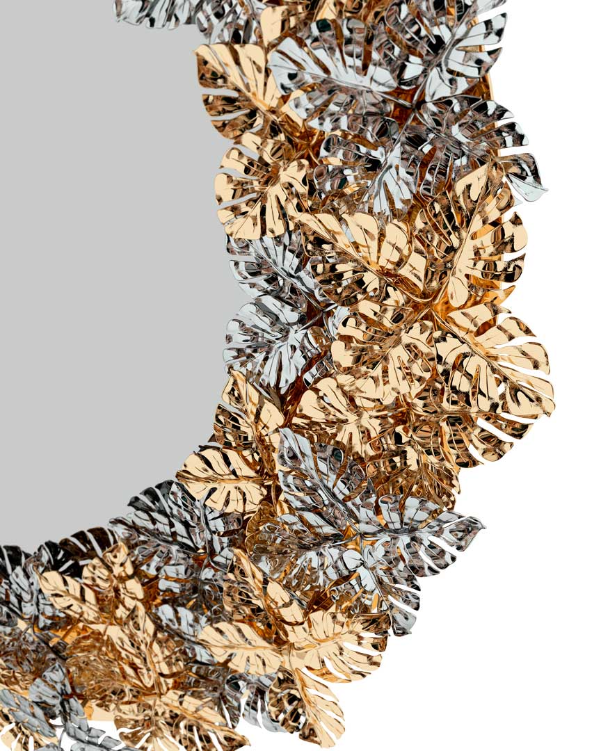/storage/Luxury brass Rainforest mirror with handcrafted leaves, circular design, and natural-inspired decorative elegance for refined interiors.