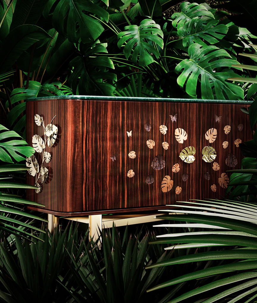 /storage/Luxury brass Rainforest Sideboard with ebony wood veneer and Guatemala green marble top, a sophisticated statement piece for elegant interiors.