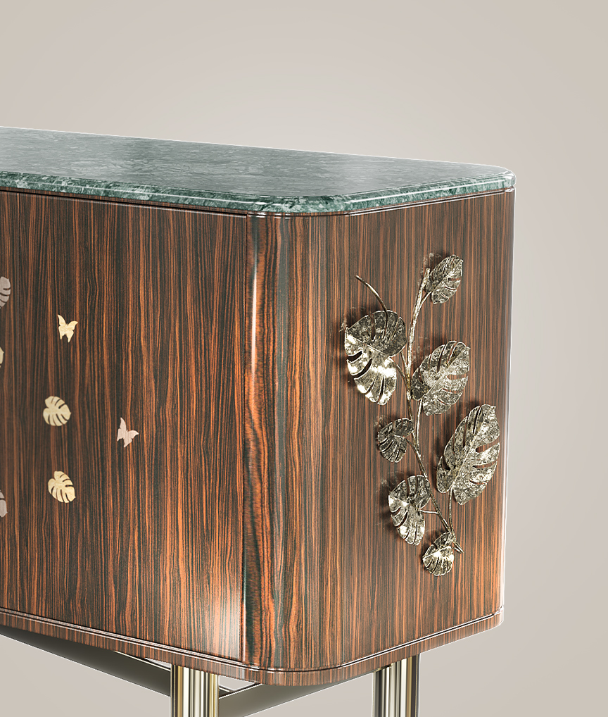 /storage/Luxury brass Rainforest Sideboard with ebony wood veneer and Guatemala green marble top, a sophisticated statement piece for elegant interiors.