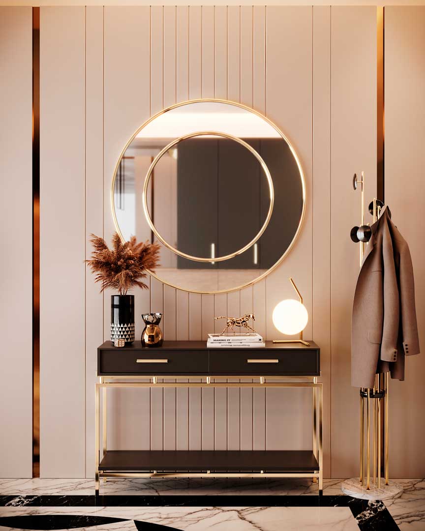 /storage/Luxury brass Roma Mirror with double-ring design, sleek and elegant contemporary wall mirror for refined interiors.