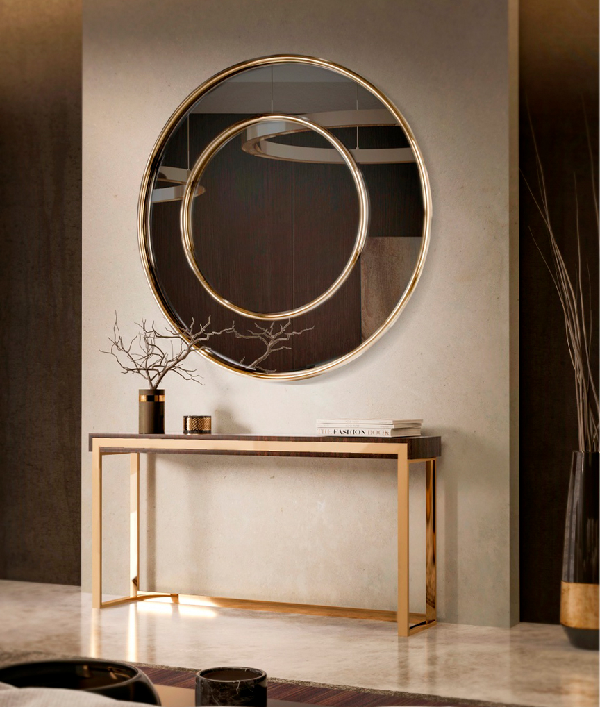 /storage/Luxury brass Roma Mirror with double-ring design, sleek and elegant contemporary wall mirror for refined interiors.