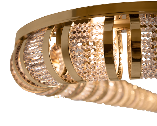 /storage/Luxury brass suspension snooker chandelier with dimpled round design and crystal bead details, a modern lighting fixture for elegant interiors.