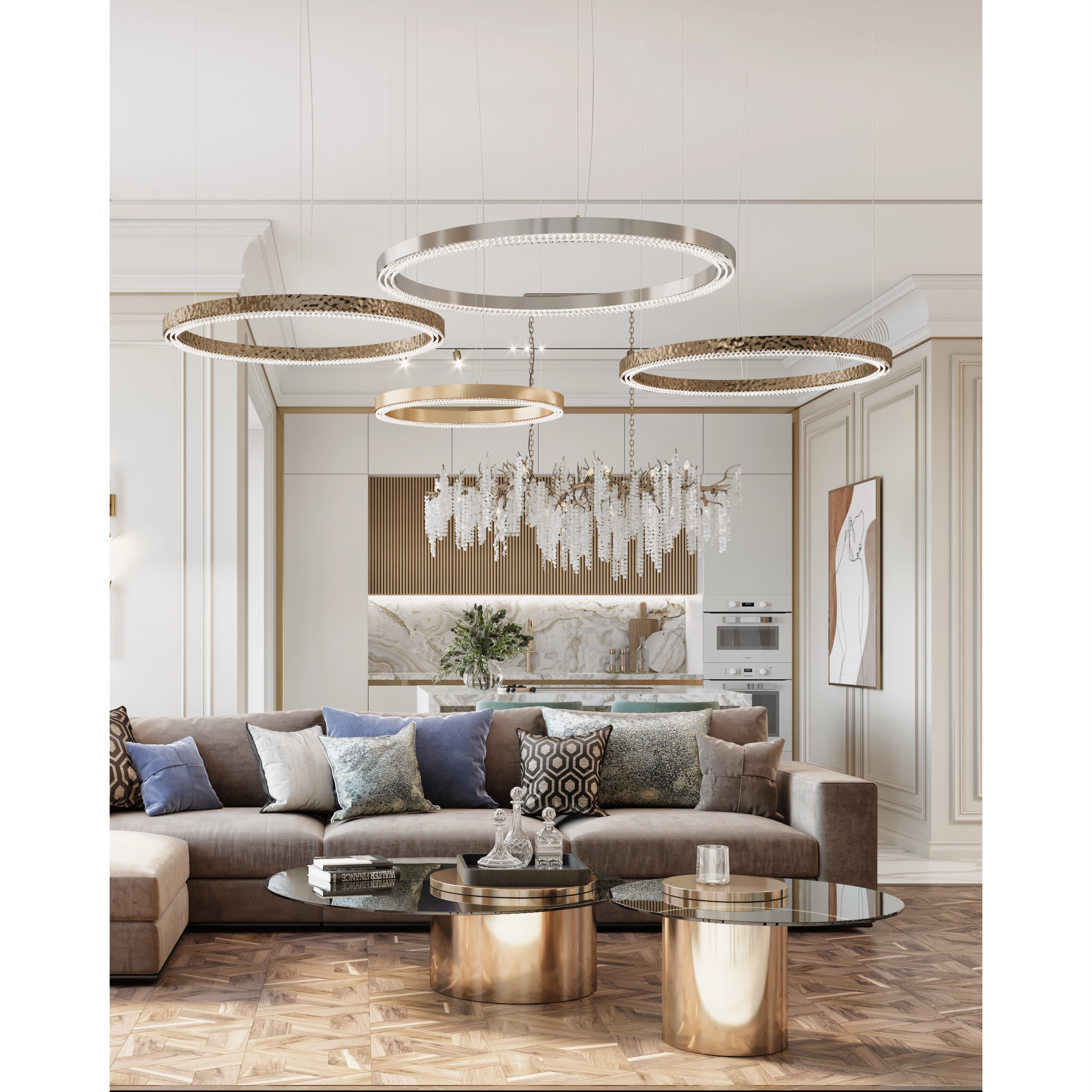 /storage/Luxury brass suspension with delicate crystal accents and minimalist design by Castro Lighting.