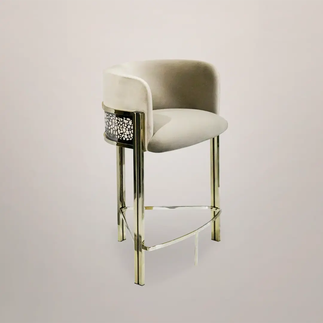/storage/Luxury brass bar chair with beige upholstery and hand-sculpted giraffe print backrest, blending regal elegance with safari-inspired design.