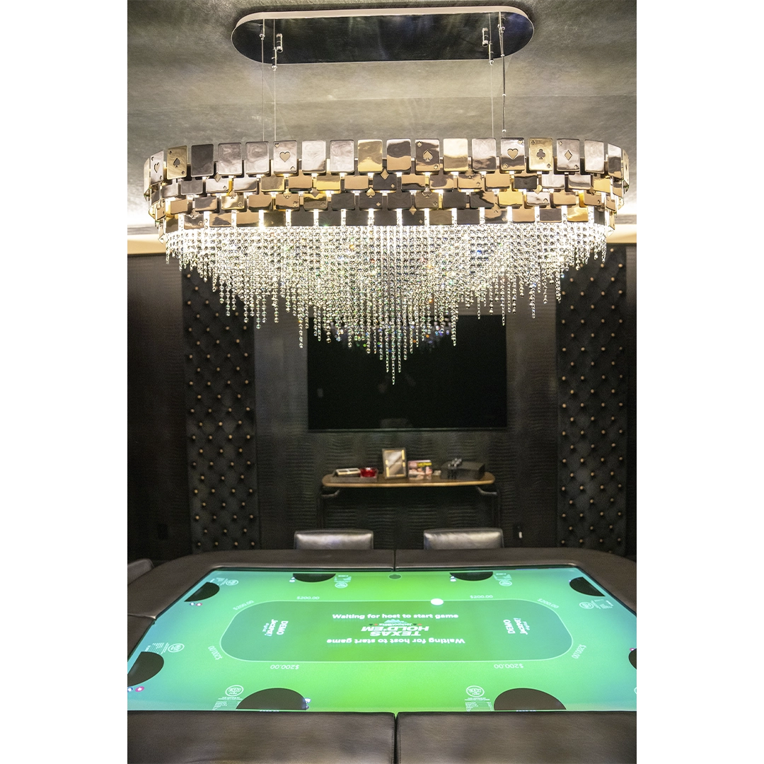 /storage/Luxury brass suspension snooker light with geometric lines and casino-inspired motifs, enriched with crystal details for a bold, artistic, and glamorous aesthetic.