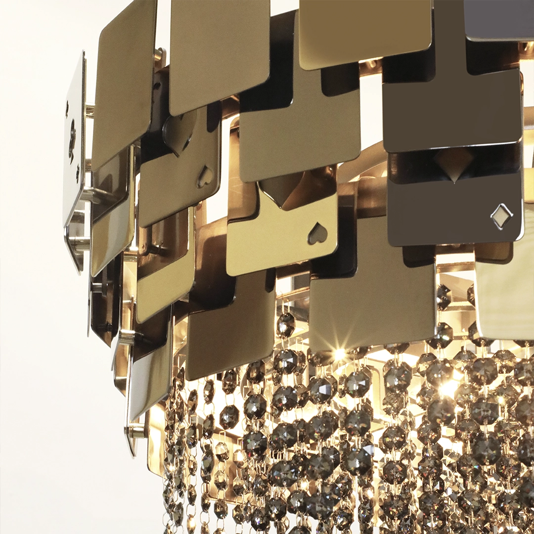 /storage/Luxury brass suspension snooker light with geometric lines and casino-inspired motifs, enriched with crystal details for a bold, artistic, and glamorous aesthetic.