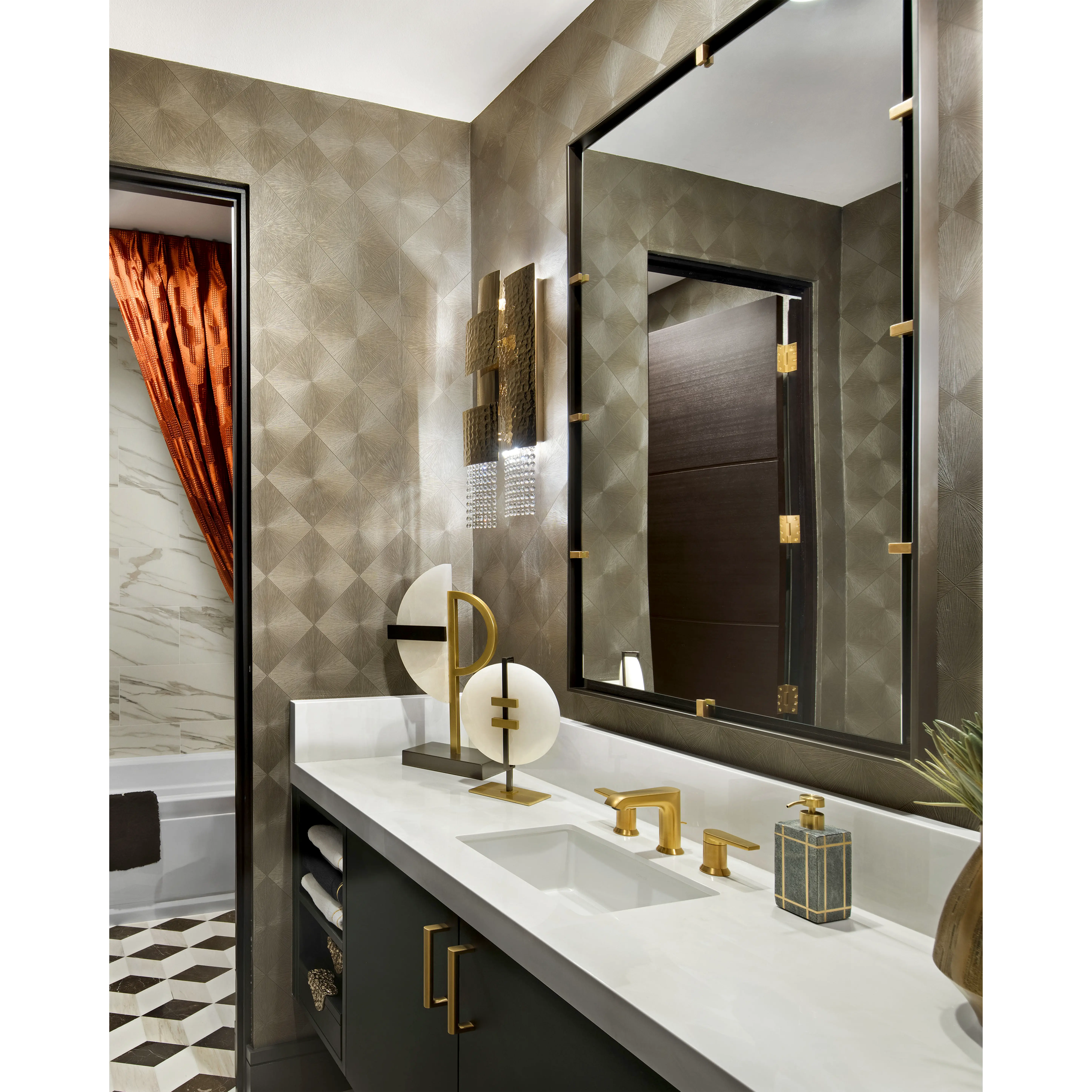 /storage/Luxury brass Mondrian Wall Light with gold-plated hammered and brushed finishes, geometric design, and delicate crystal glass details.