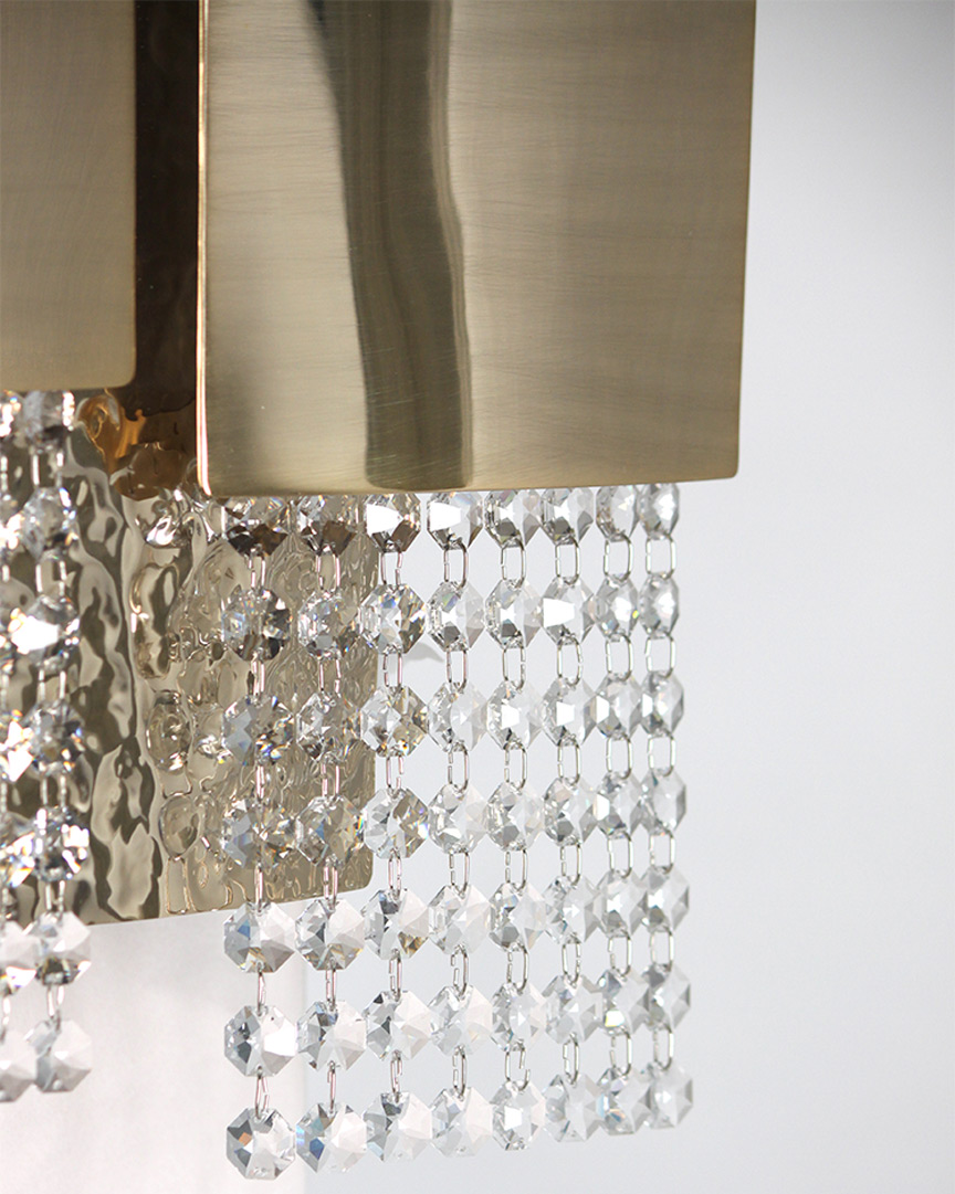 /storage/Luxury brass Mondrian Wall Light with gold-plated hammered and brushed finishes, geometric design, and delicate crystal glass details.