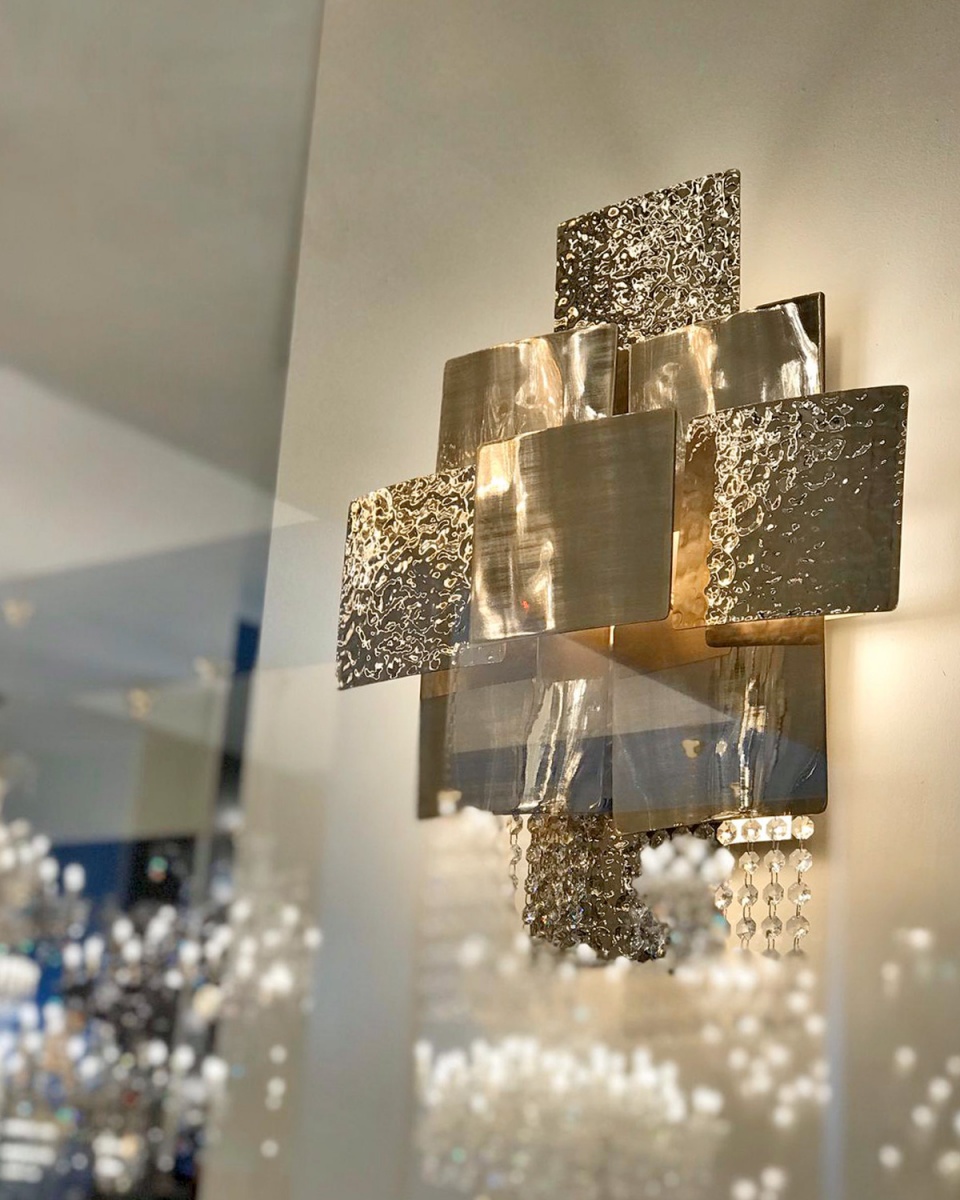 /storage/Luxury brass Mondrian Wall Light with gold-plated hammered and brushed finishes, geometric design, and delicate crystal glass details.