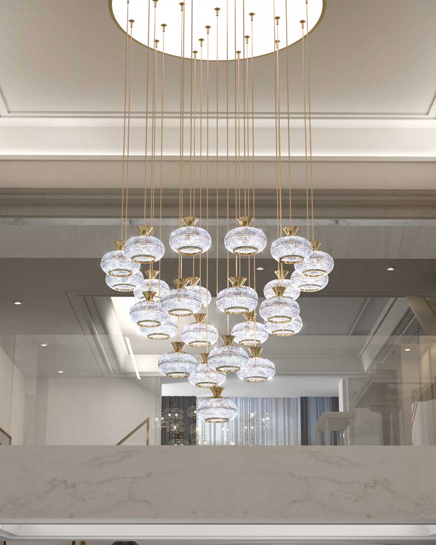 /storage/Luxury brass Mystic Suspension chandelier with clear crystal strips in a round, slightly flattened design, blending classical style and timeless sparkle for grand interiors.