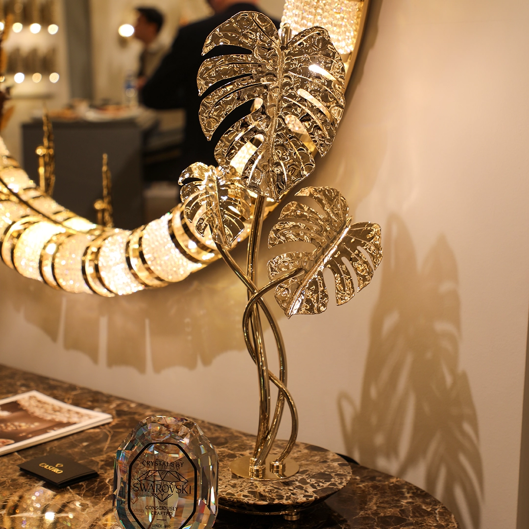 /storage/Luxury brass Rainforest floor lamp with handcrafted gold-plated brass, clear crystal glass, and nature-inspired details of raindrops and butterflies.