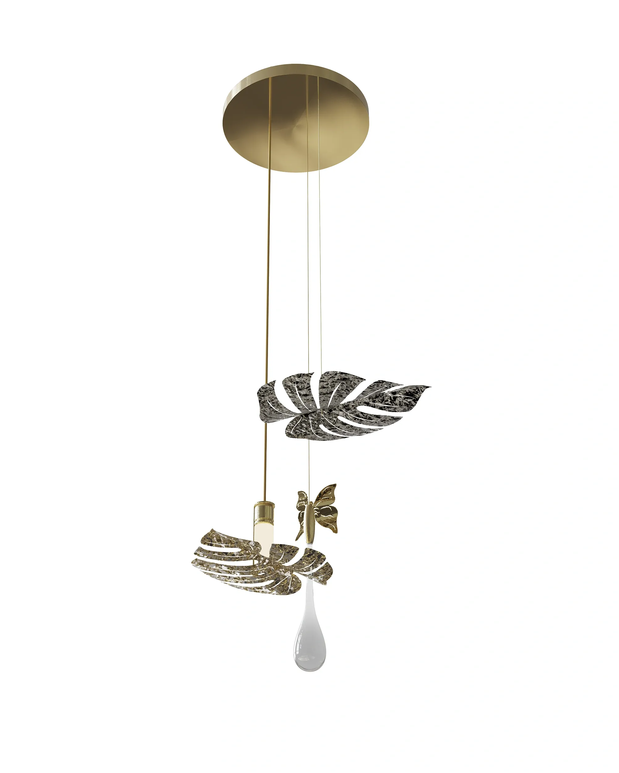 /storage/Luxury brass and crystal Rainforest pendant with nature-inspired leaves and raindrop motifs, a handmade chandelier for sophisticated interiors.