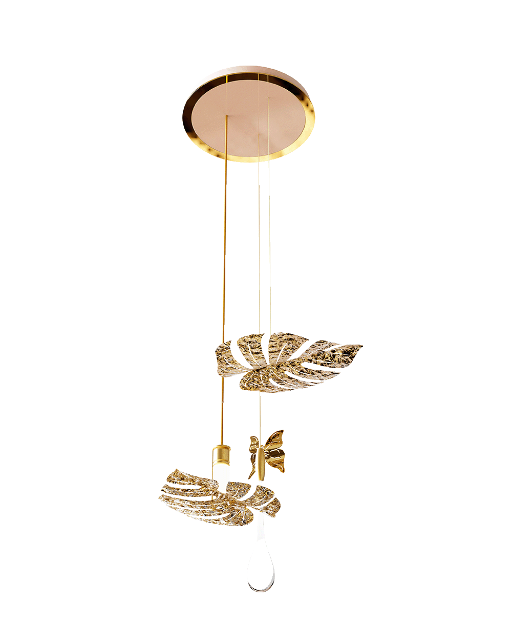 /storage/Luxury brass and crystal Rainforest pendant with nature-inspired leaves and raindrop motifs, a handmade chandelier for sophisticated interiors.