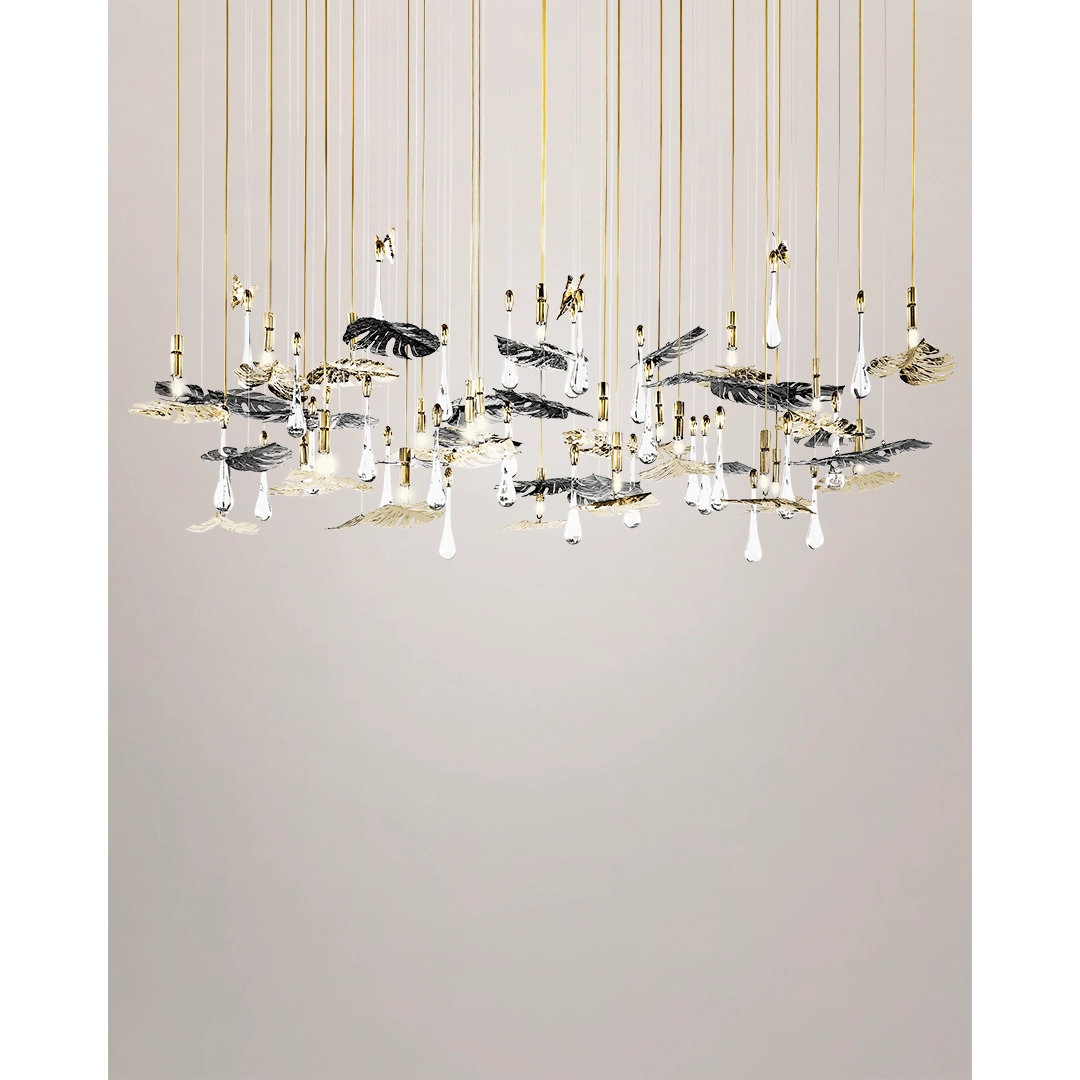 /storage/Luxury brass suspension with nature-inspired raindrop and butterfly details by Castro Lighting.