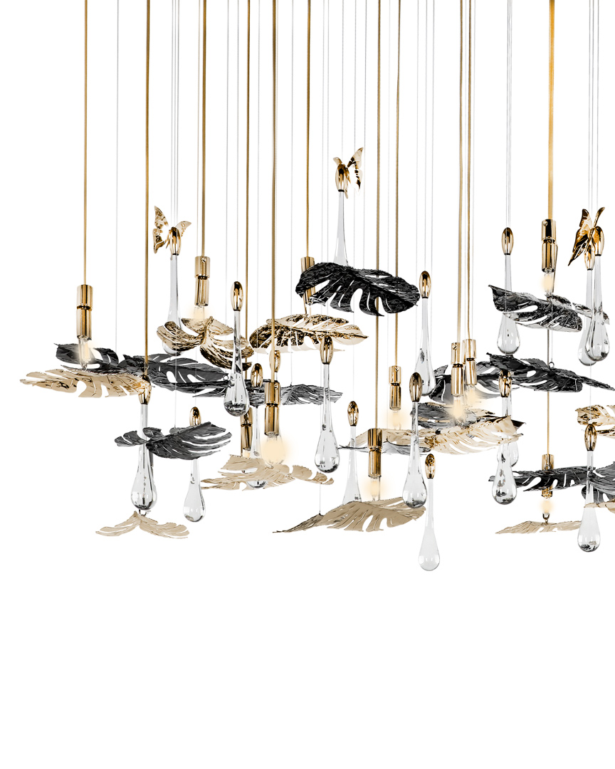 /storage/Luxury brass suspension with nature-inspired raindrop and butterfly details by Castro Lighting.