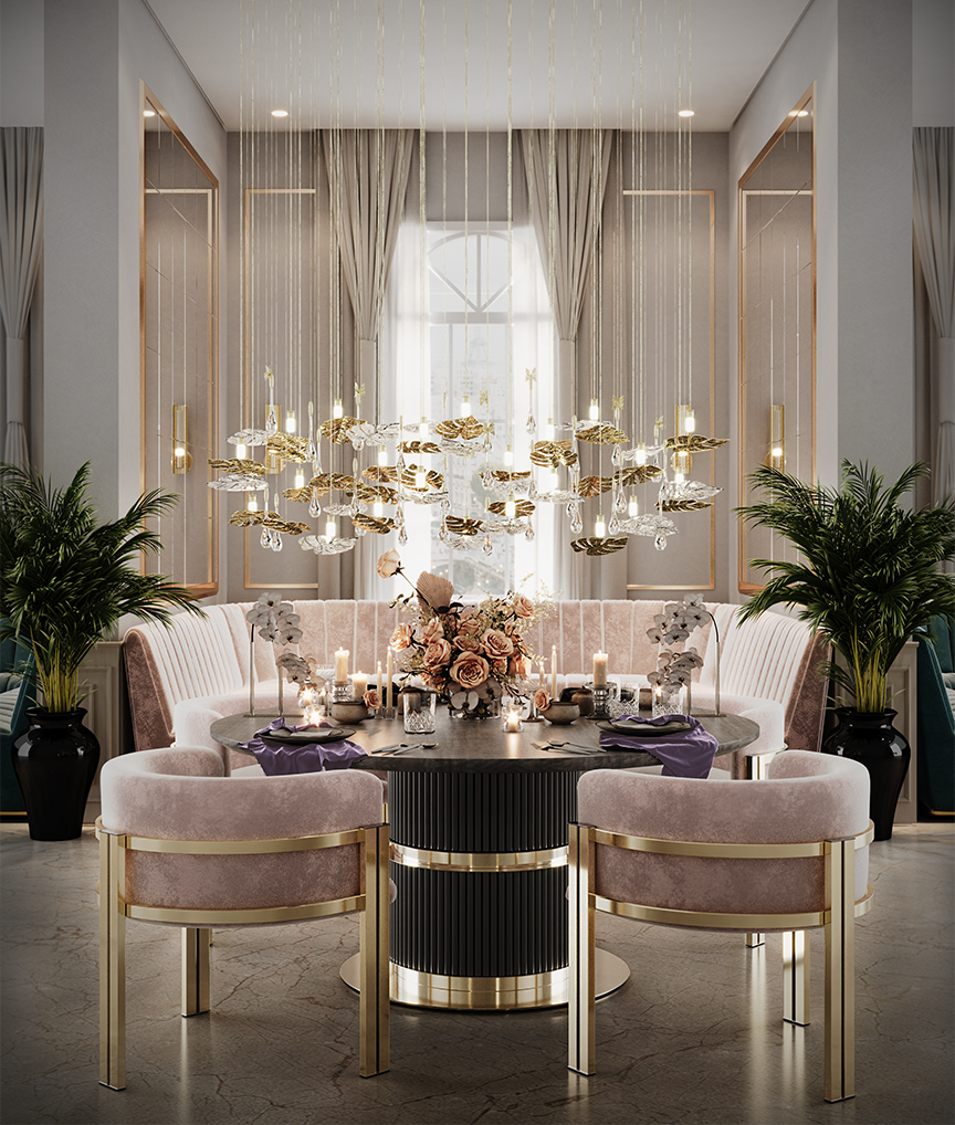 /storage/Luxury brass suspension with nature-inspired raindrop and butterfly details by Castro Lighting.