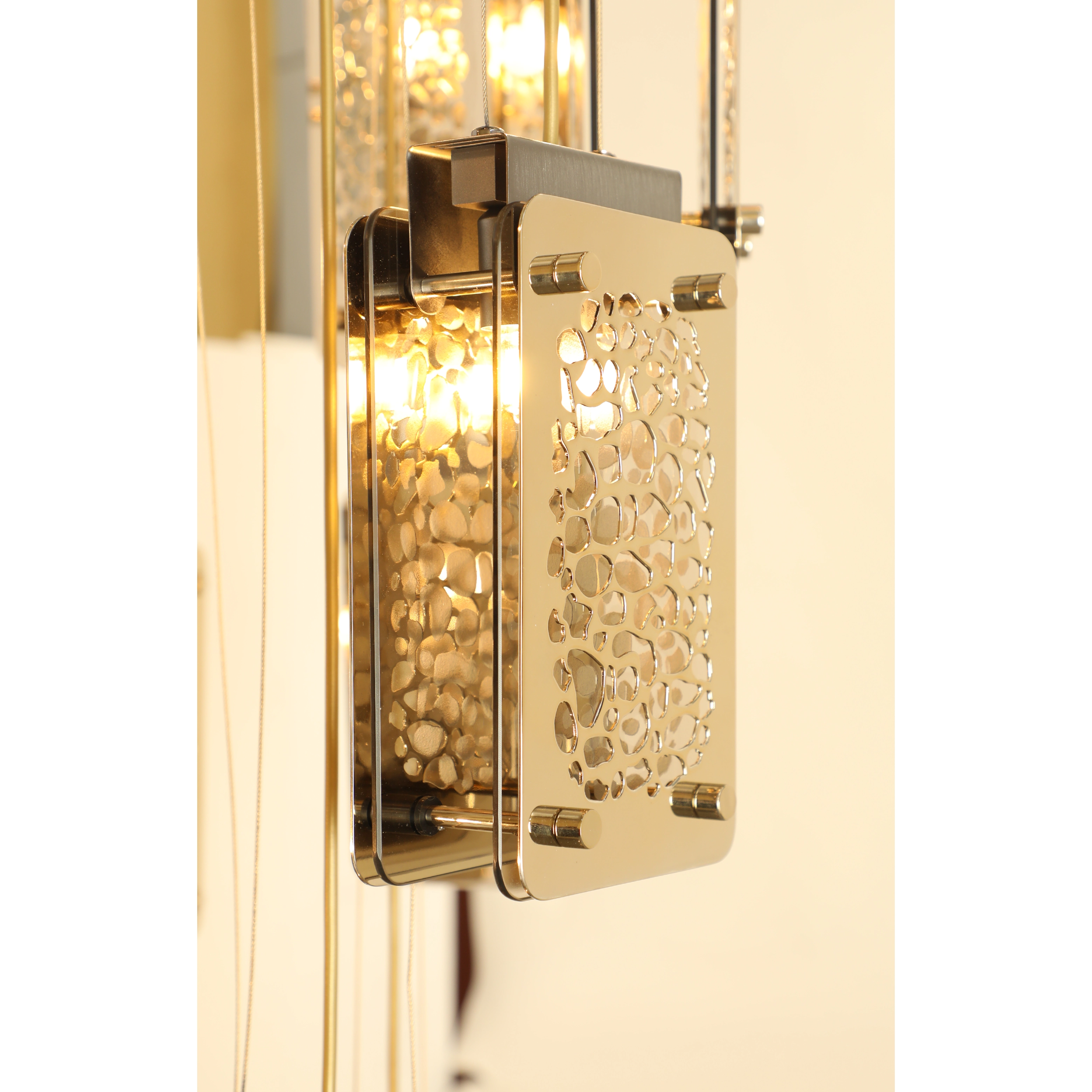 /storage/Luxury brass Safari Suspension with handcrafted giraffe print brass plates and bronze glass.