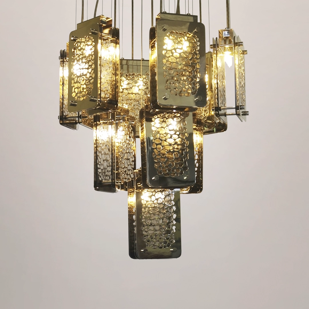 /storage/Luxury brass Safari Suspension with handcrafted giraffe print brass plates and bronze glass.