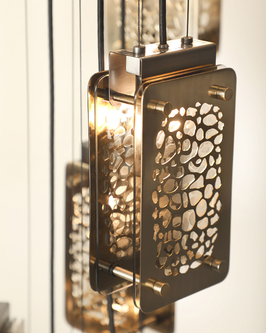/storage/Luxury brass Safari Suspension with handcrafted giraffe print brass plates and bronze glass.