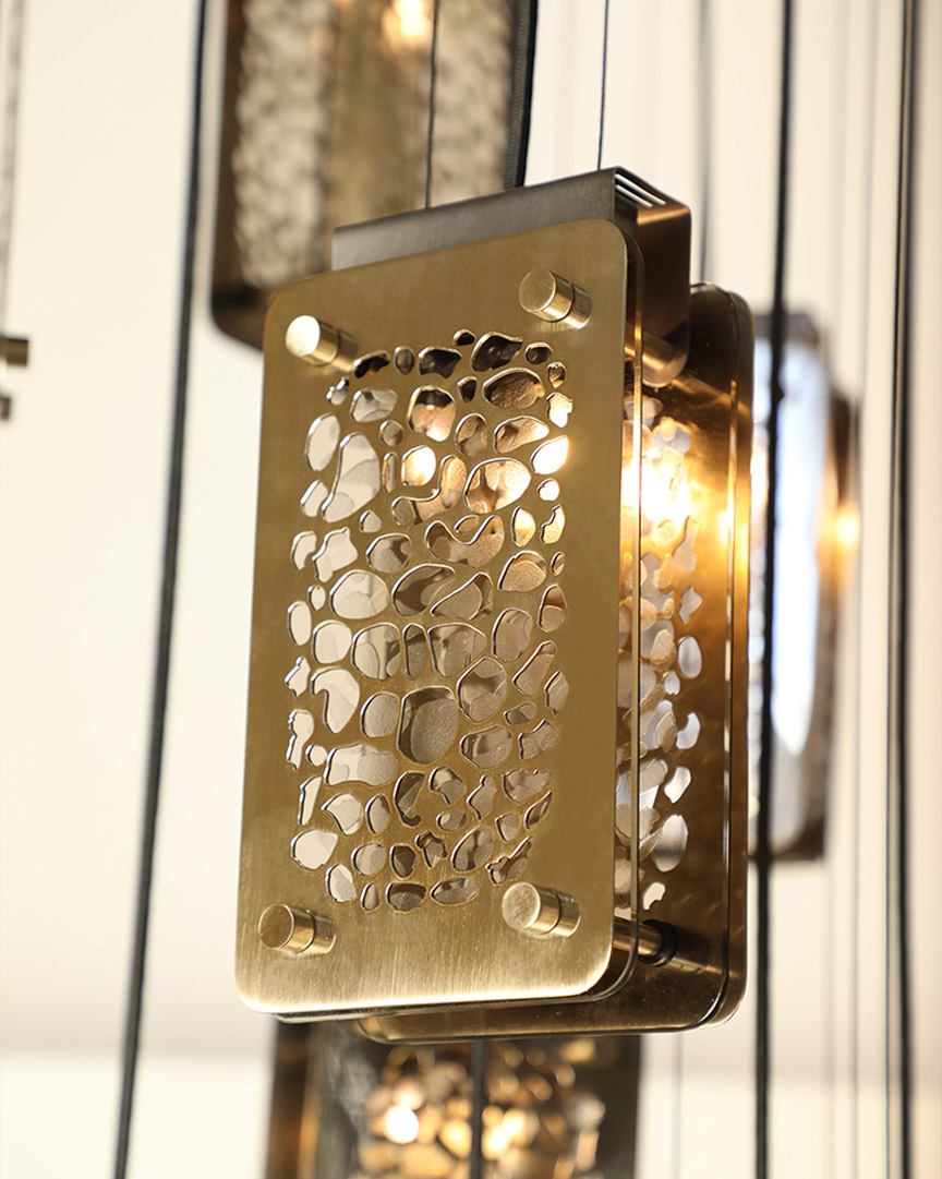 /storage/Luxury brass Safari Suspension with handcrafted giraffe print brass plates and bronze glass.