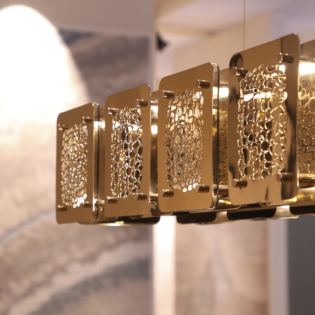 /storage/Luxury brass rectangular snooker suspension light with hand-engraved giraffe-patterned plates and bronze glass top, blending nature-inspired elegance.