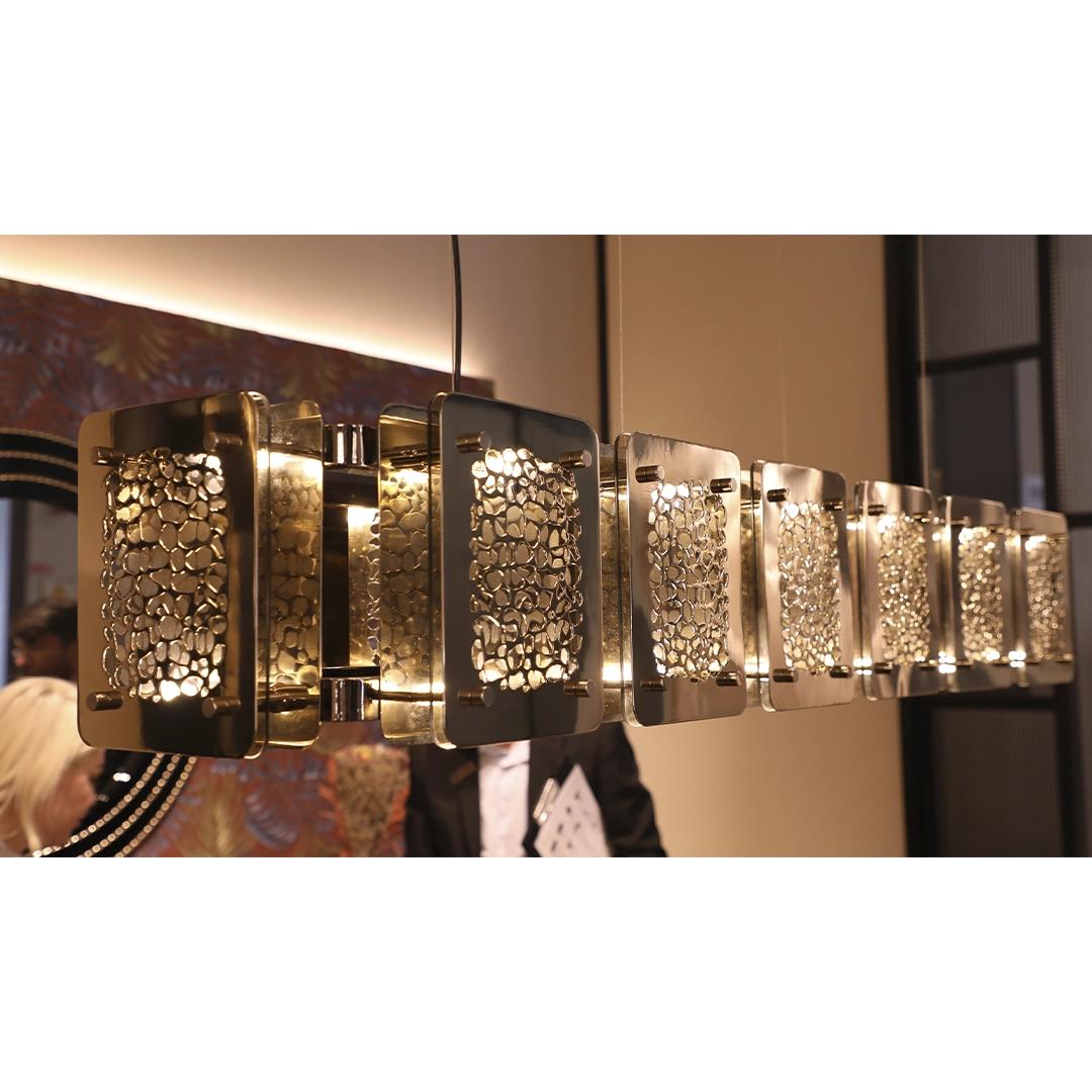 /storage/Luxury brass rectangular snooker suspension light with hand-engraved giraffe-patterned plates and bronze glass top, blending nature-inspired elegance.