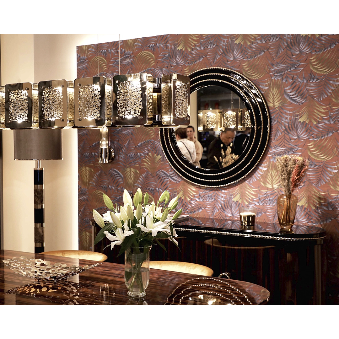 /storage/Luxury brass rectangular snooker suspension light with hand-engraved giraffe-patterned plates and bronze glass top, blending nature-inspired elegance.
