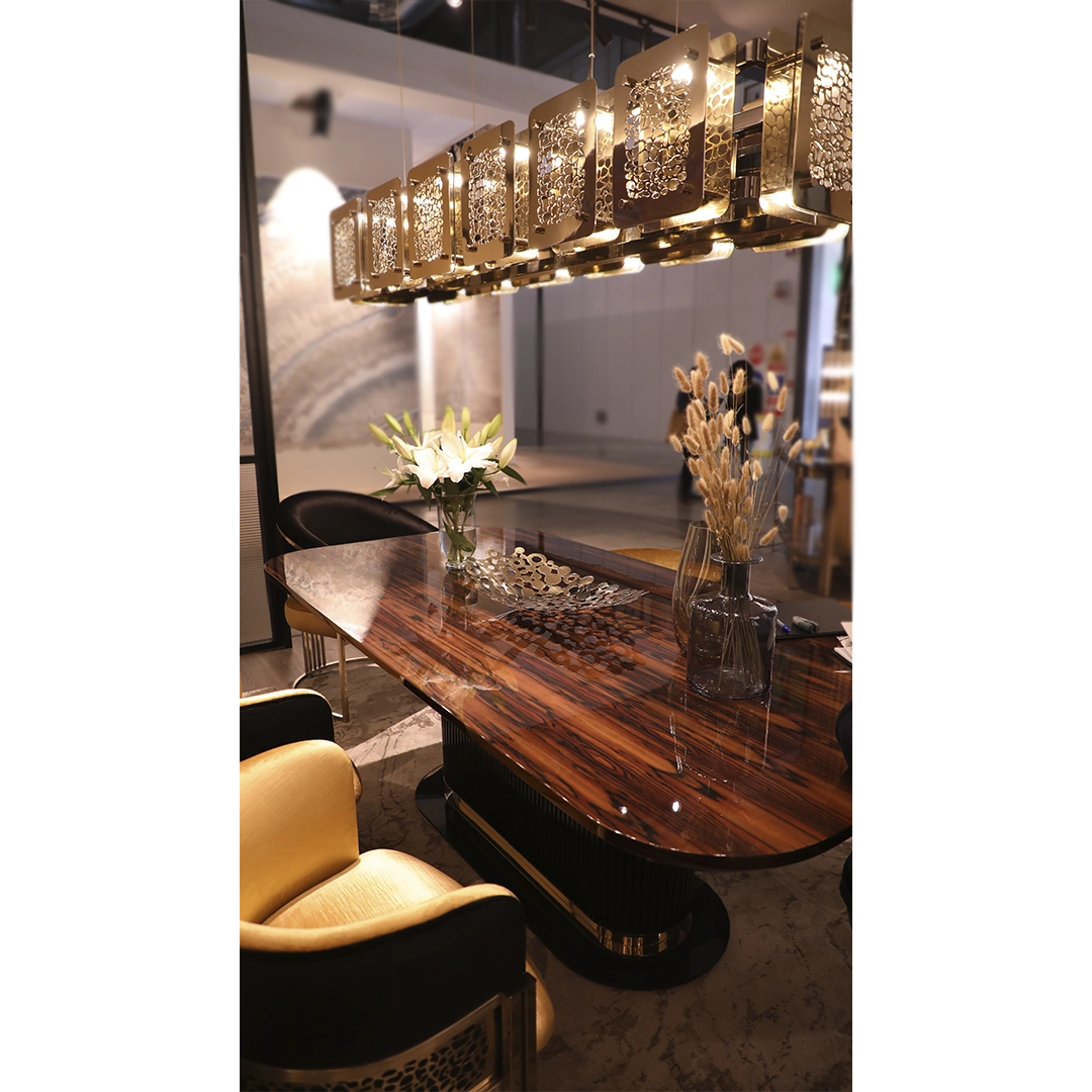 /storage/Luxury brass rectangular snooker suspension light with hand-engraved giraffe-patterned plates and bronze glass top, blending nature-inspired elegance.