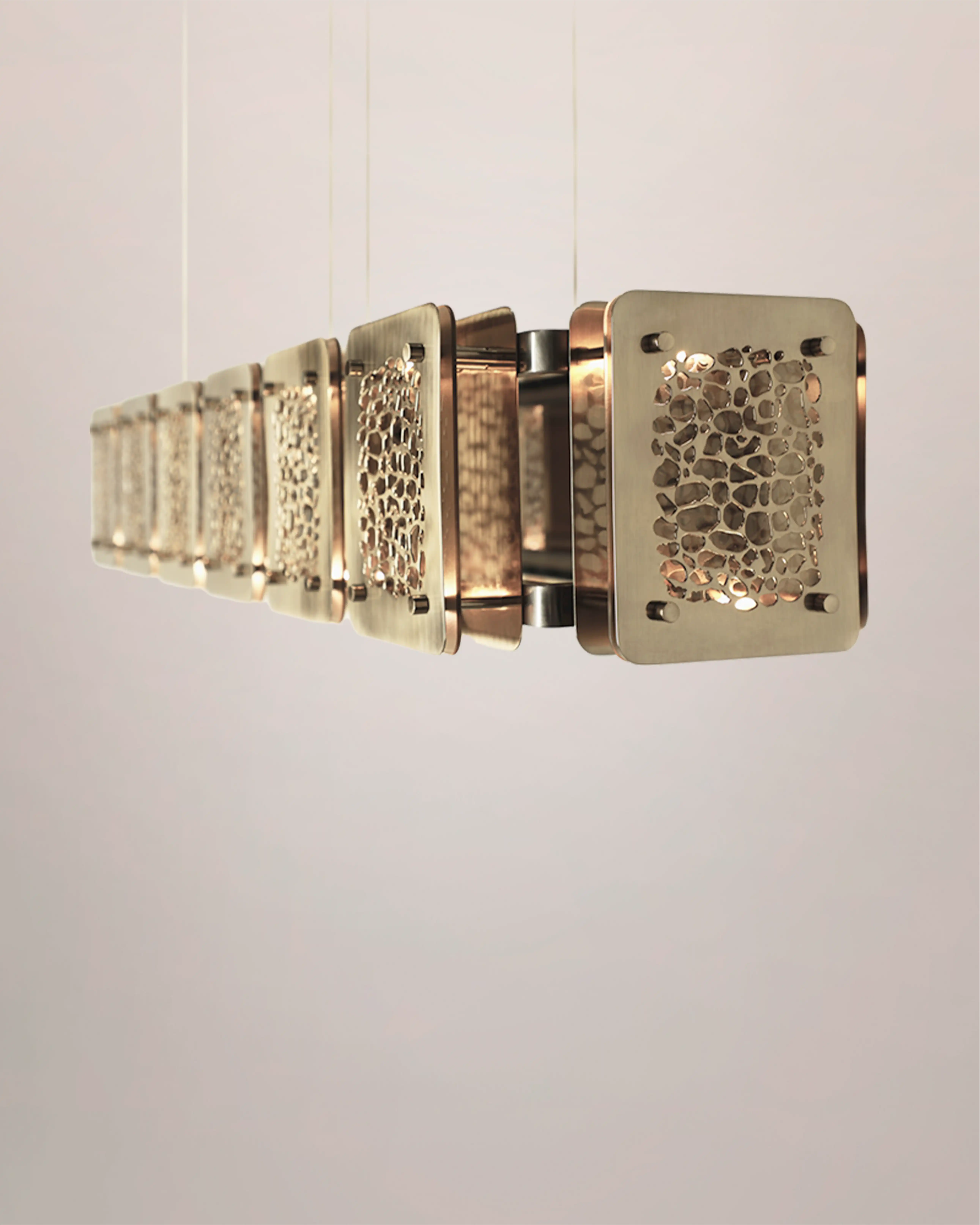 /storage/Luxury brass rectangular snooker suspension light with hand-engraved giraffe-patterned plates and bronze glass top, blending nature-inspired elegance.