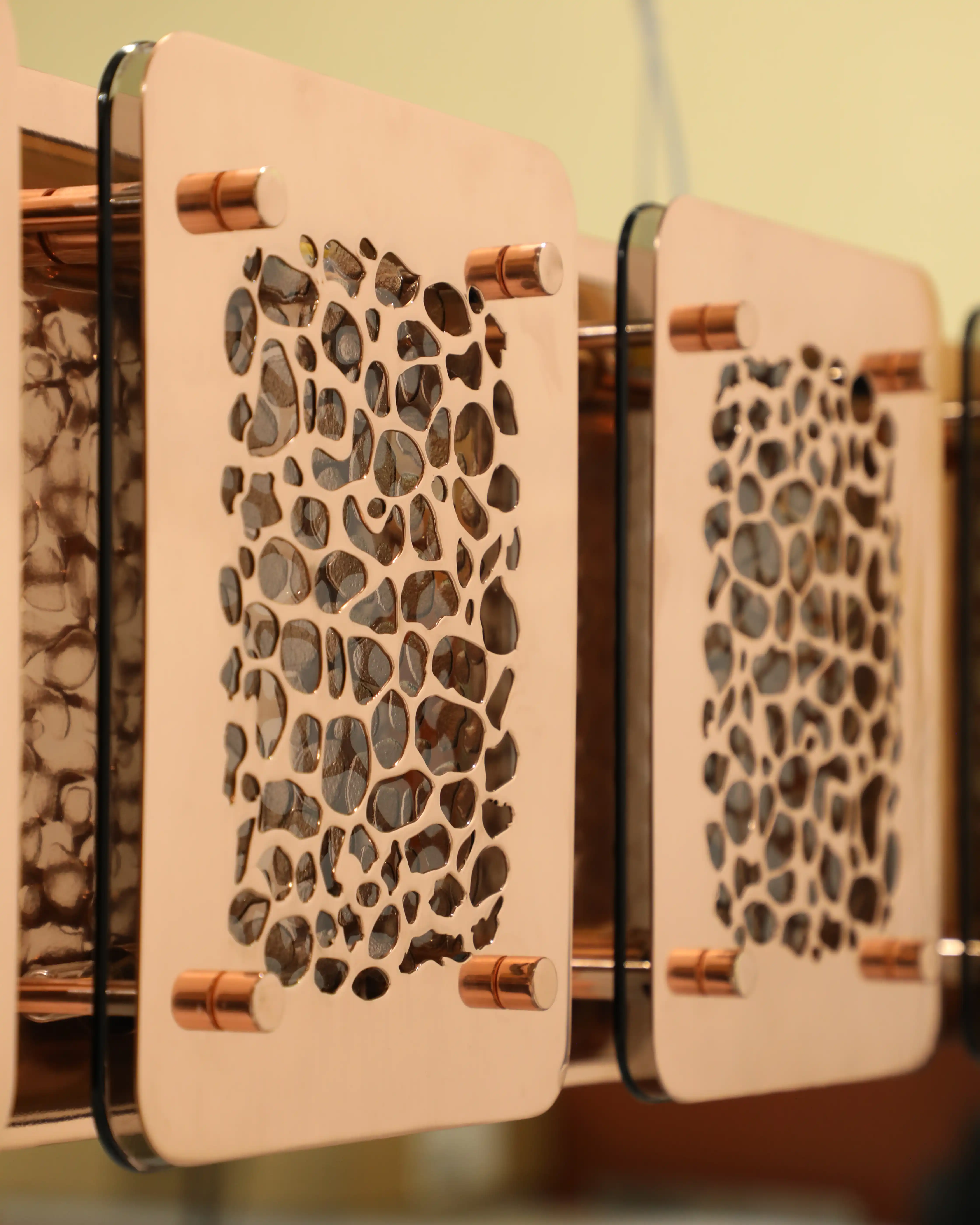 /storage/Luxury brass rectangular snooker suspension light with hand-engraved giraffe-patterned plates and bronze glass top, blending nature-inspired elegance.