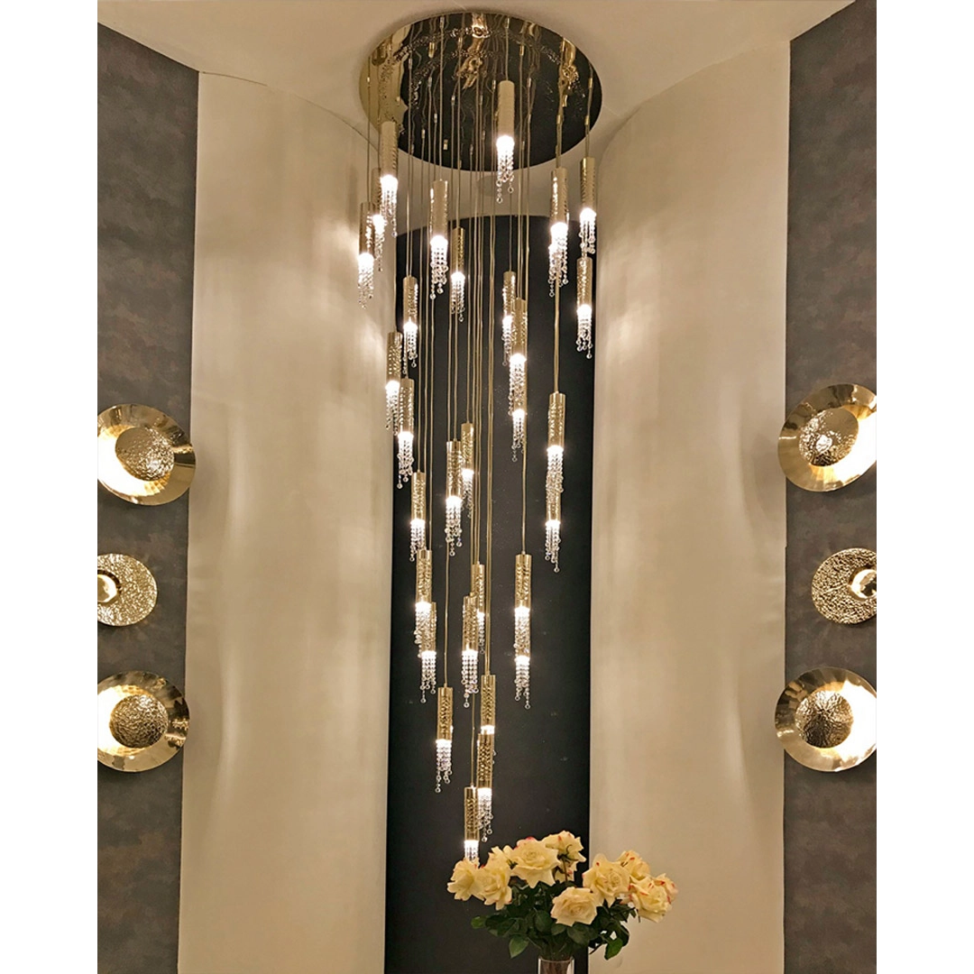 /storage/Luxury brass suspension inspired by Moroccan architecture, designed for grand interiors with bold forms and intricate detailing.