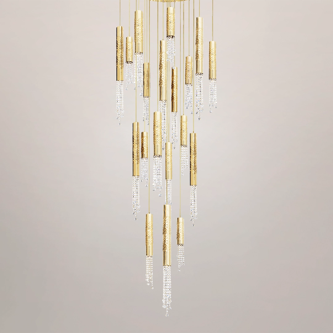 /storage/Luxury brass suspension inspired by Moroccan architecture, designed for grand interiors with bold forms and intricate detailing.