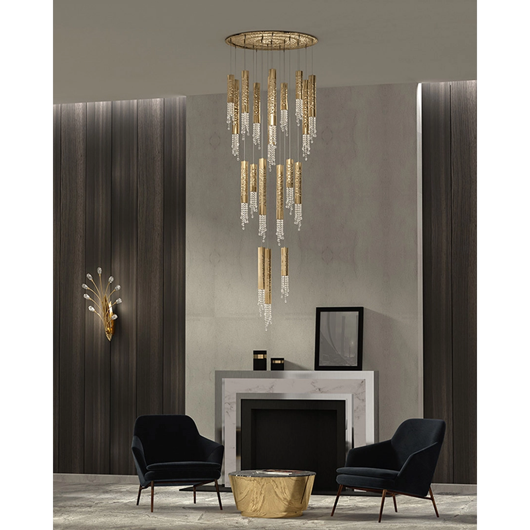 /storage/Luxury brass suspension inspired by Moroccan architecture, designed for grand interiors with bold forms and intricate detailing.