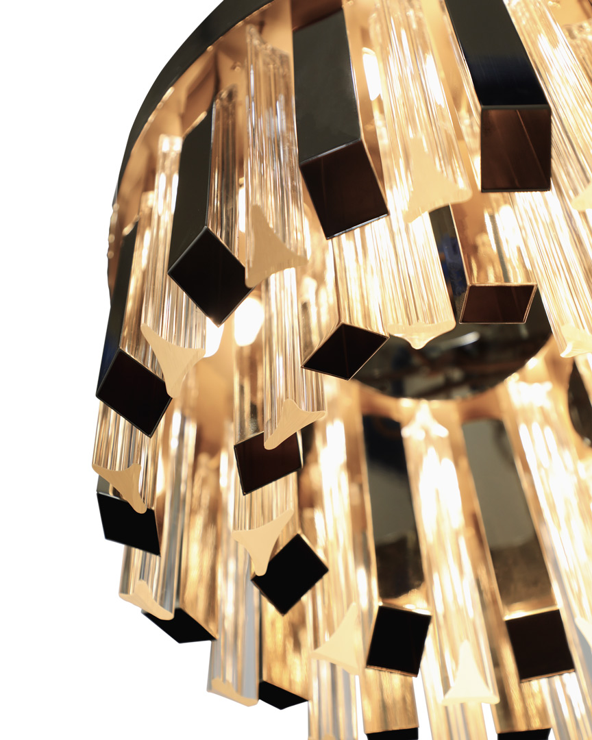 /storage/Luxury brass Skylar Suspension chandelier with glass elements, a bold handcrafted design inspired by celestial geometry.