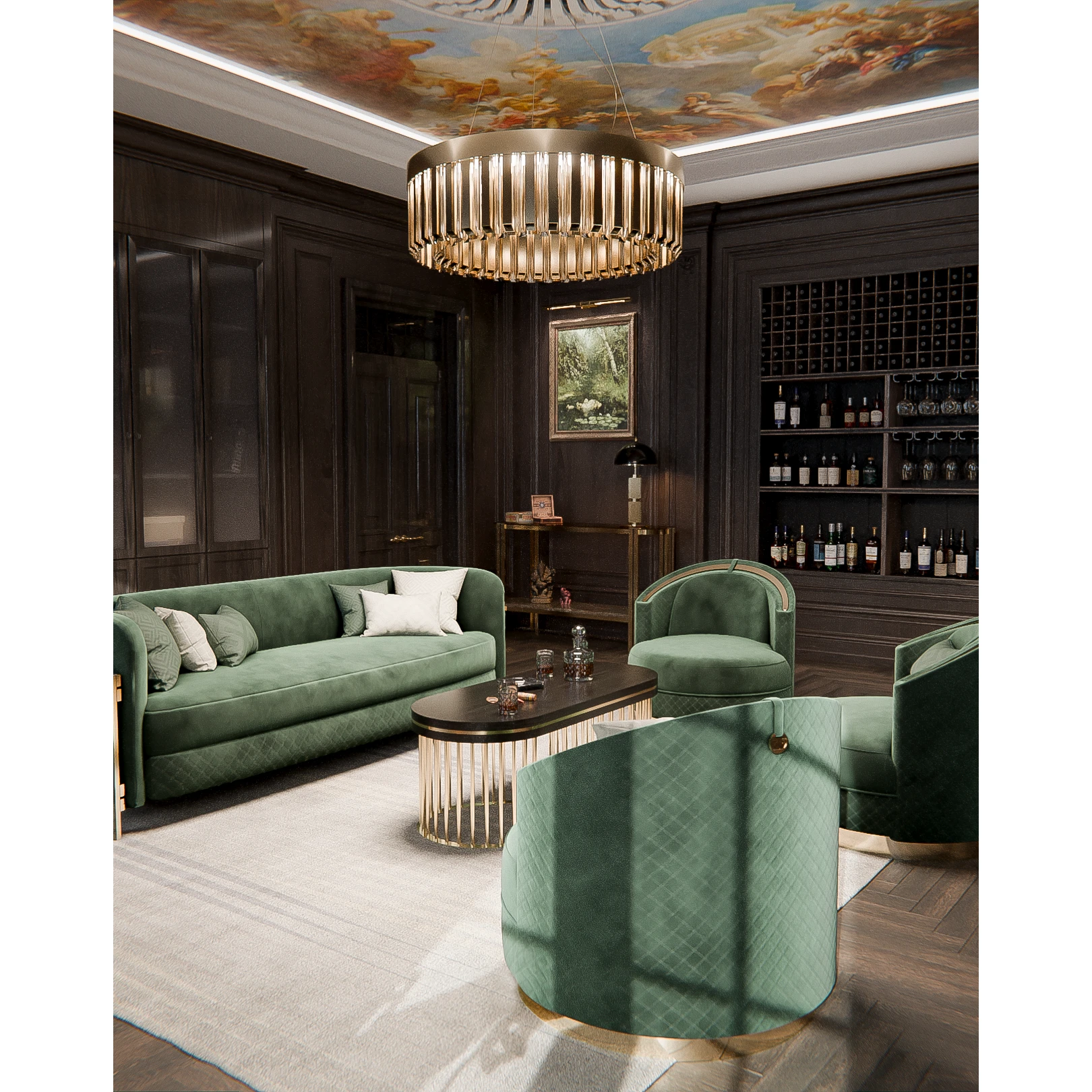 /storage/Luxury brass Skylar Suspension chandelier with glass elements, a bold handcrafted design inspired by celestial geometry.