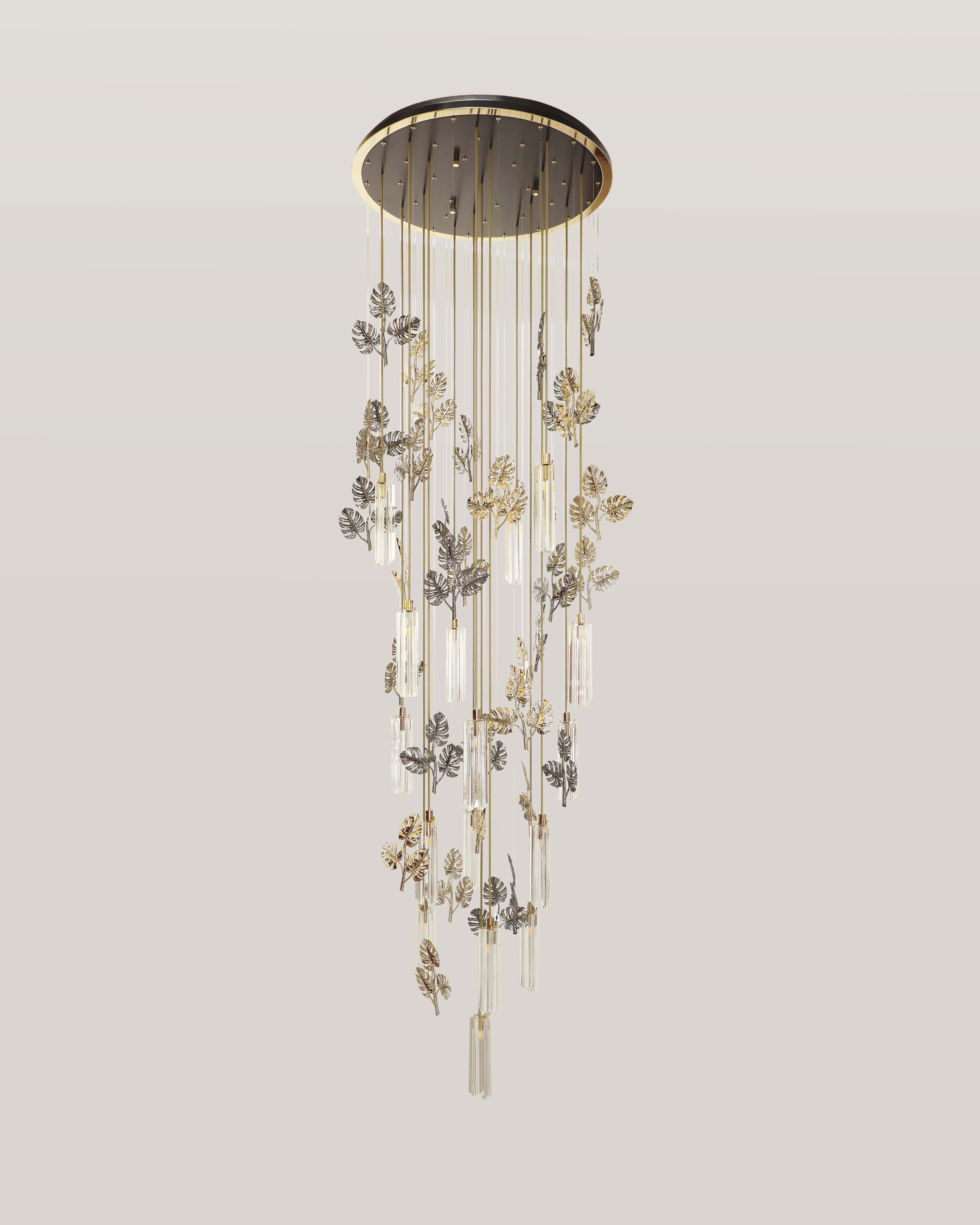 /storage/Luxury gold-plated brass suspension with handcrafted leaf motifs, inspired by nature and designed to bring organic elegance to any space.