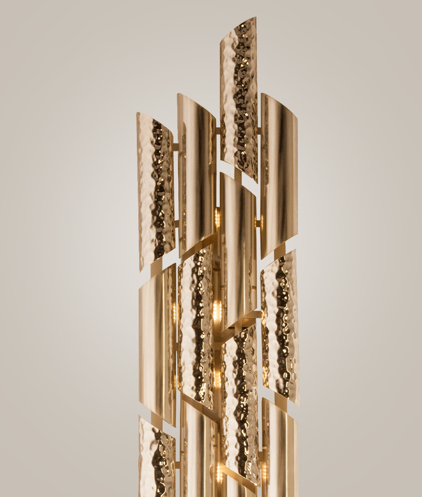 /storage/Luxury brass Triumph Wall Light with hammered and polished tubes, a handmade contemporary sconce for modern interiors.