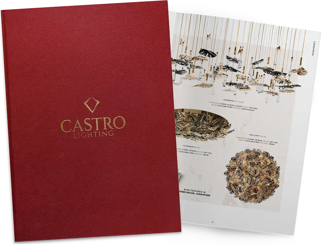 Cover image of the Lighting catalog with a red background and the Castro Lighting logo.