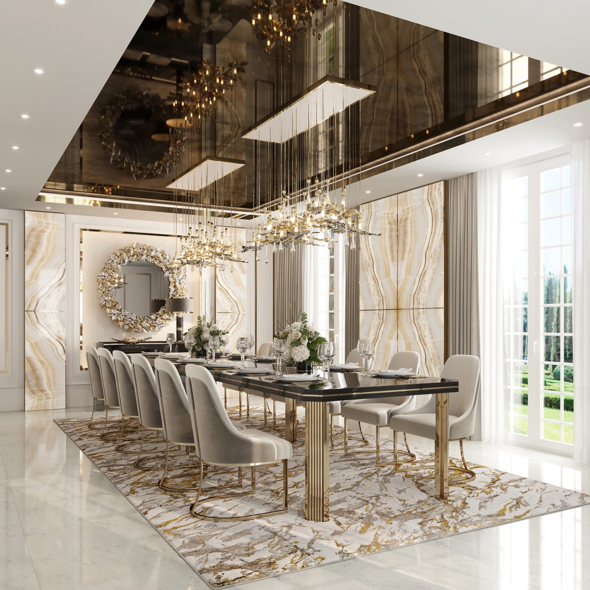 Beige Neutral Dining Room featuring Harp Dining Table, Rainforest Mirror, Terra Suspension, Athena Dining Chairs, and Sparta Table lamp in Marquina Marble
