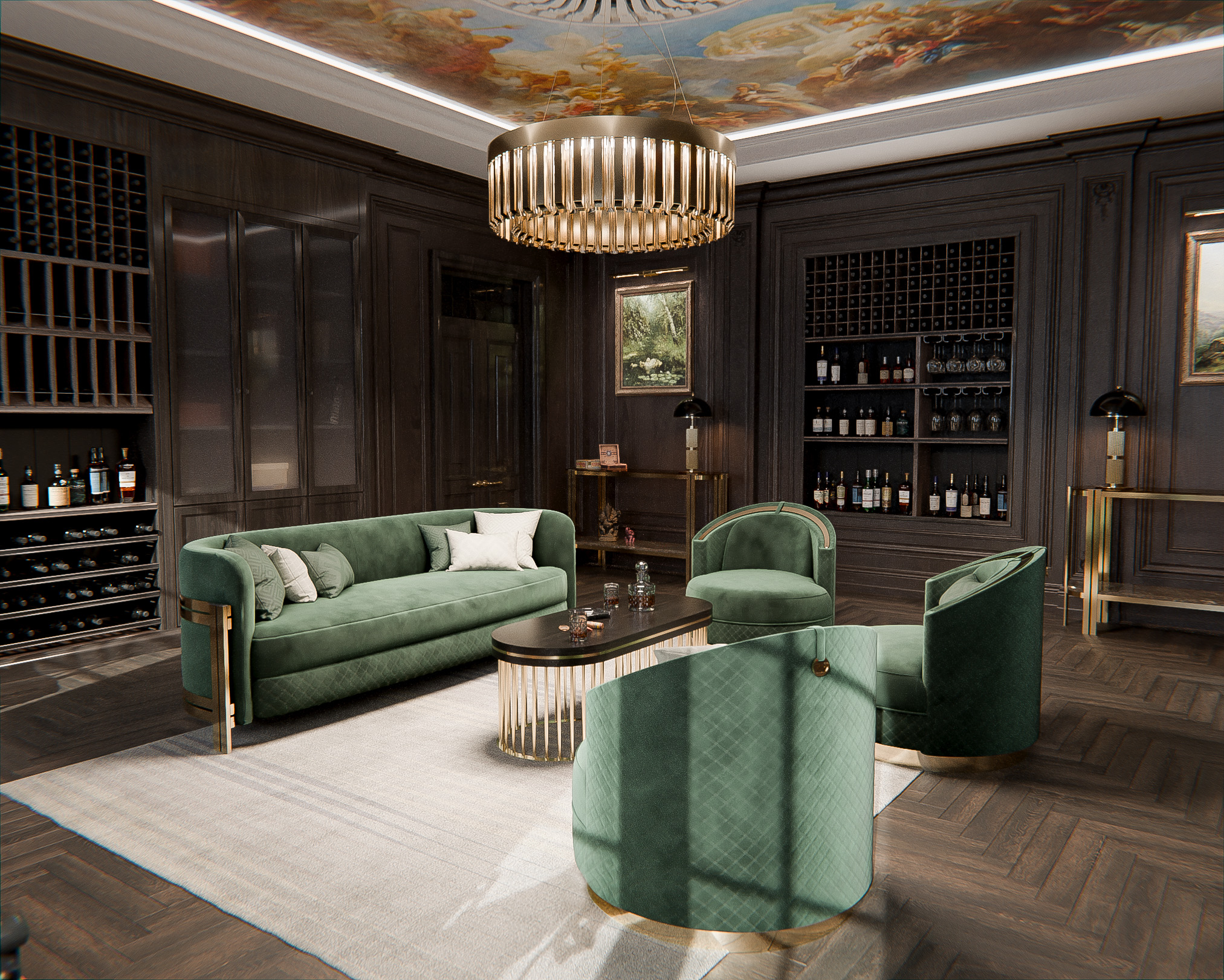 Wine room and rest room designed by Castro with chandelier and interior masterpieces