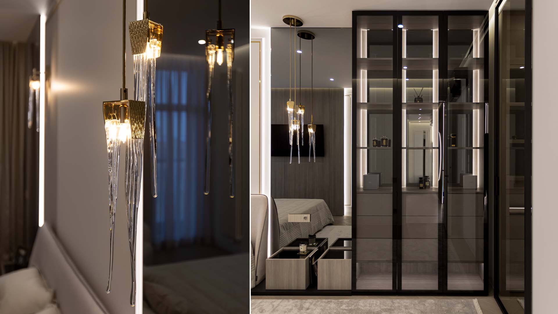 Bedroom interior featuring Stala Collection lighting by Castro Lighting, with elongated crystal elements and warm metallic finishes creating a refined sculptural accent within the contemporary space.