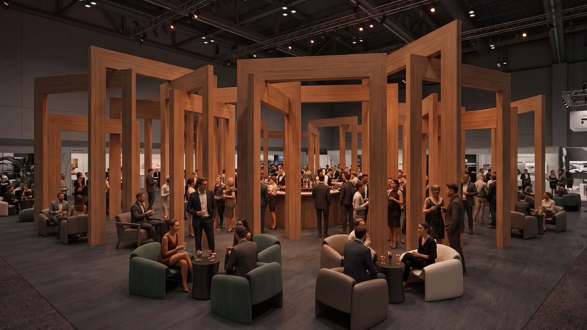 IDS Vancouver networking lounge with visitors gathered beneath a large timber architectural installation.