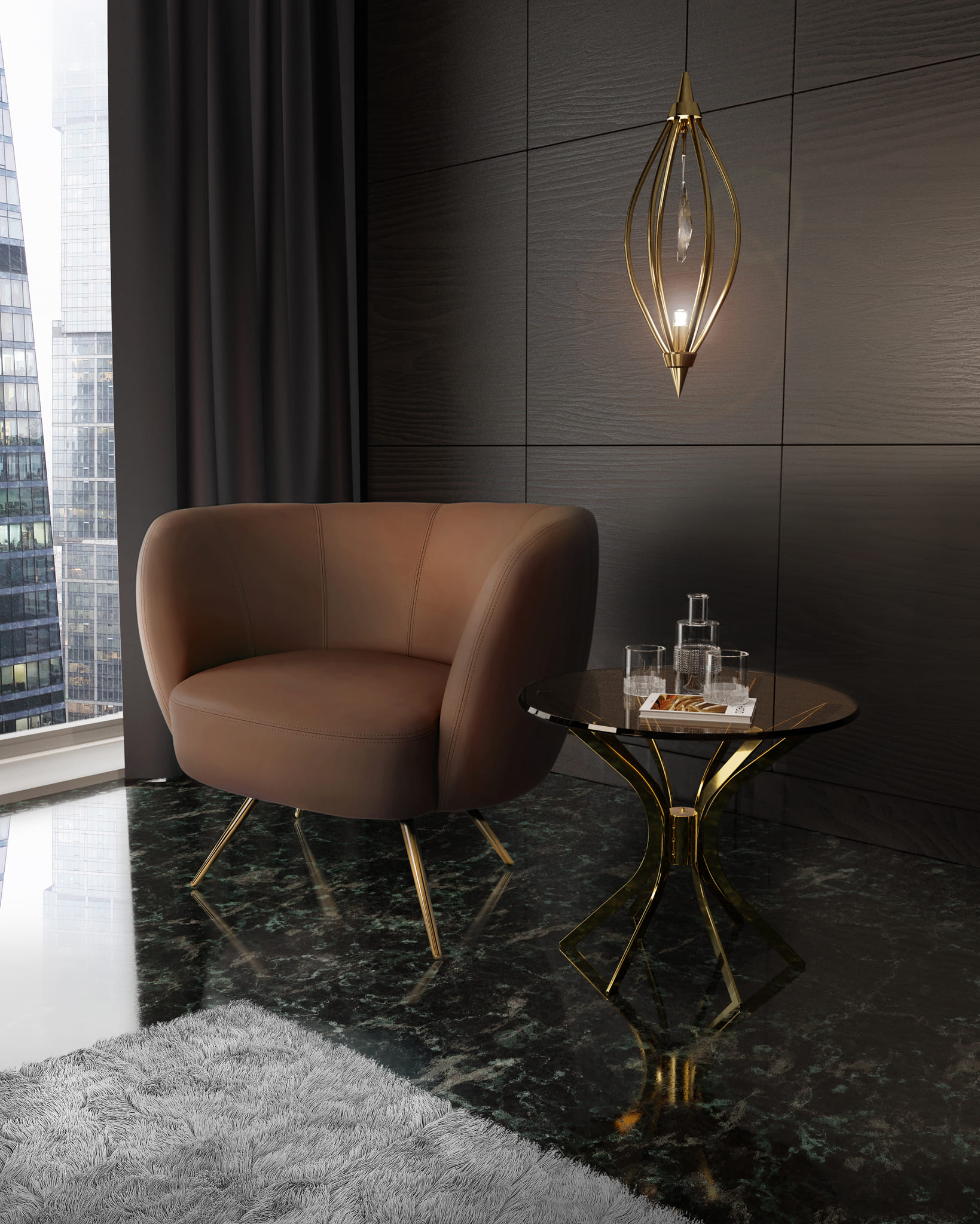 A Castro ambience with Chiara Armchair in the Mocha Mousse color and Haring Side Table