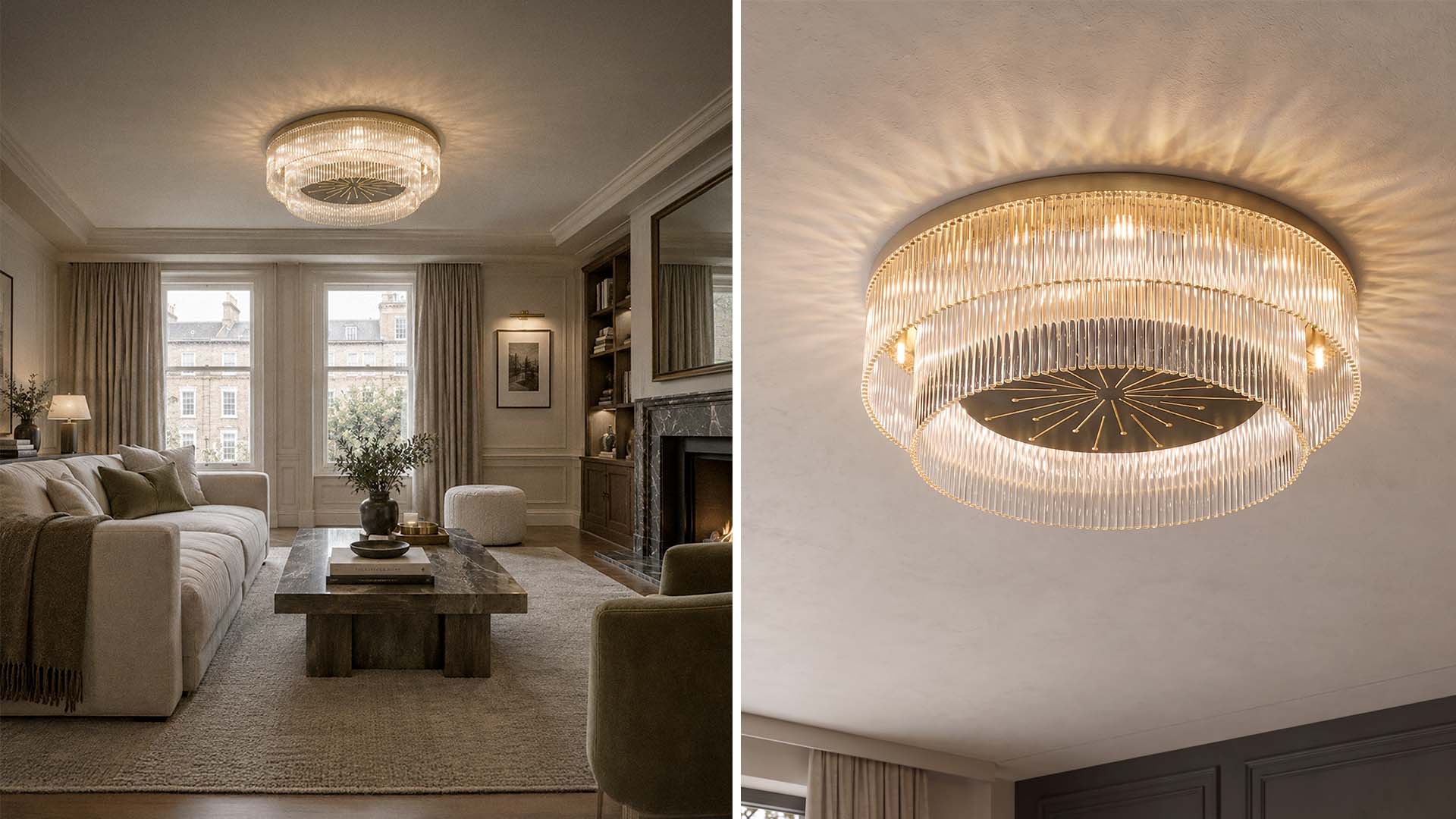 Elegant circular ceiling light with layered glass details illuminating a refined contemporary living room.