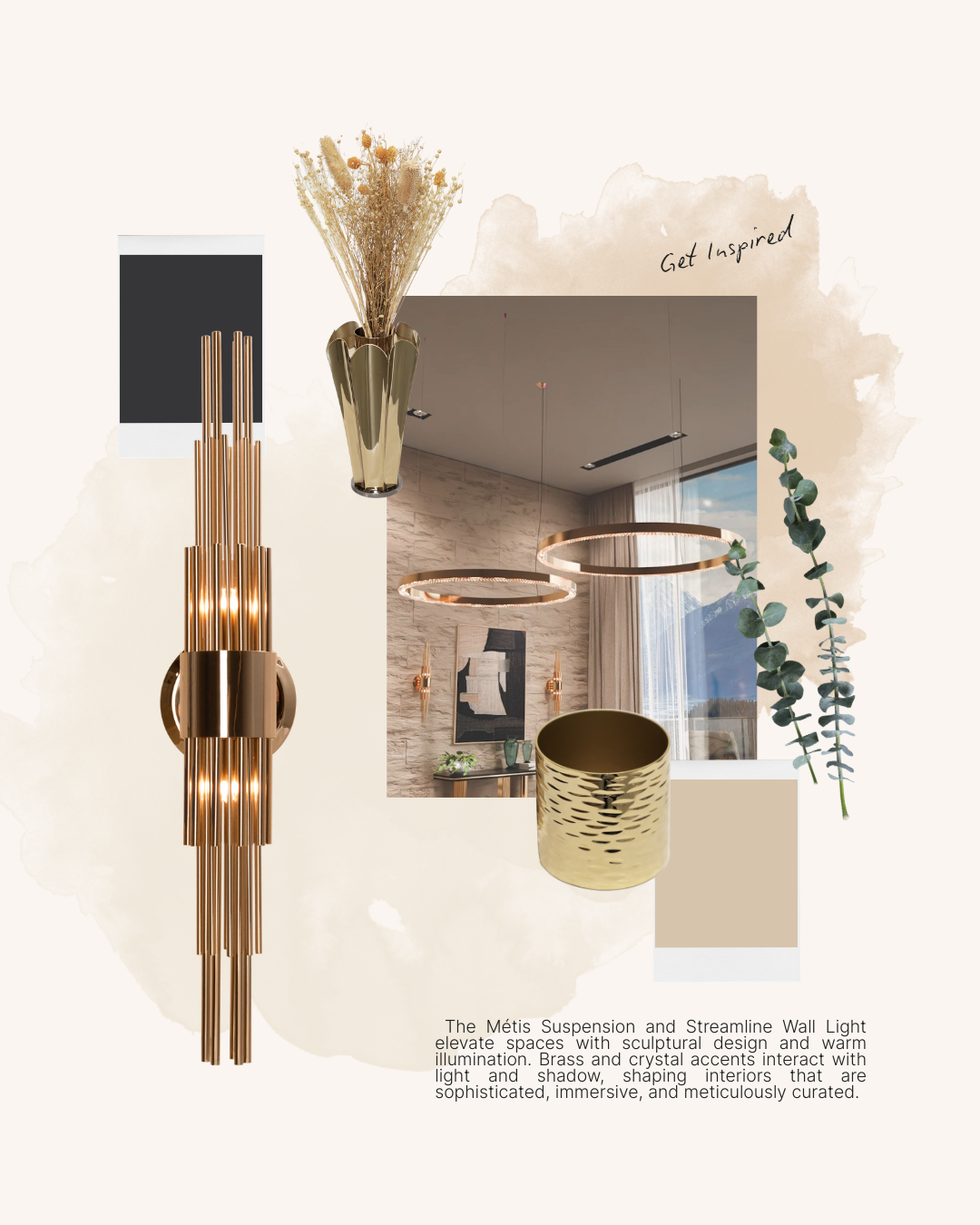 Autumn-inspired luxury interiors moodboard featuring warm textures, layered lighting, and curated furniture pieces including the Métis Suspension, Streamline Wall Light, Euphoria Center Table, and Harp Console.