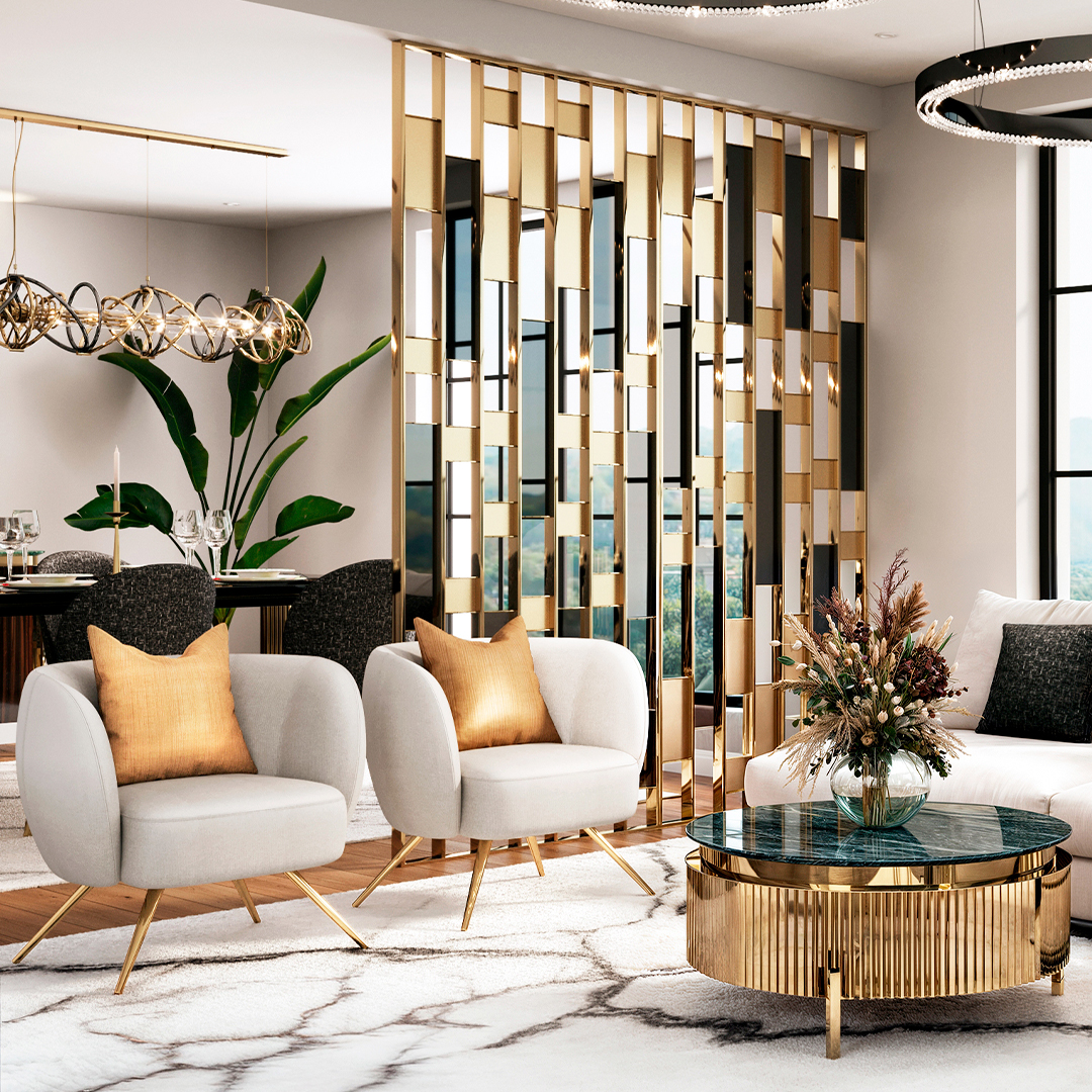 Castro Lighting's ambience feat.Matisse Divider, Chiara Armchair, Tiffany Center Table, Galaxy Suspension, and Metis Suspension 