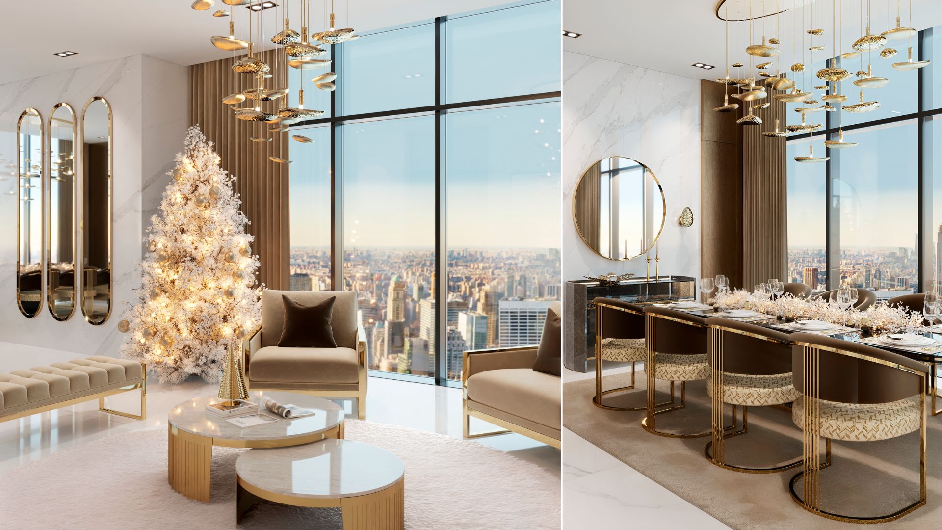 Living and Dining Room Ambiance featuring Castro Lighting Mastery Suspension, Mastery Wall Light, Moon Center Table, Pablo Chair, Rubysideboard, Harp Chair, Flusso Dining Table, Ammina Mirror