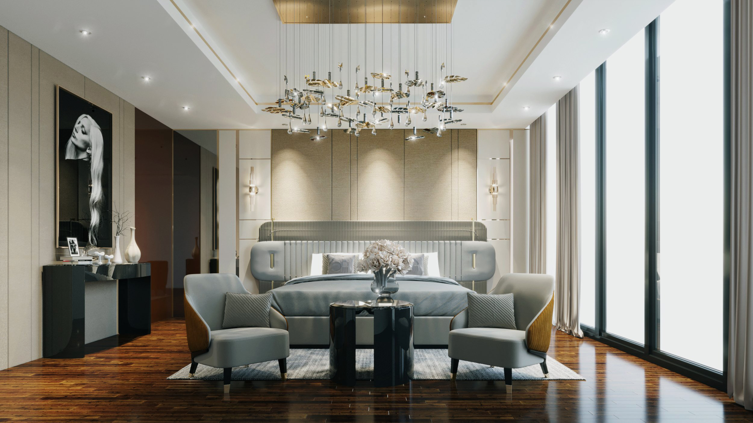 Elegant Bedroom Project by SS Interior featuring Rainforest Suspension by Castro Lighting 